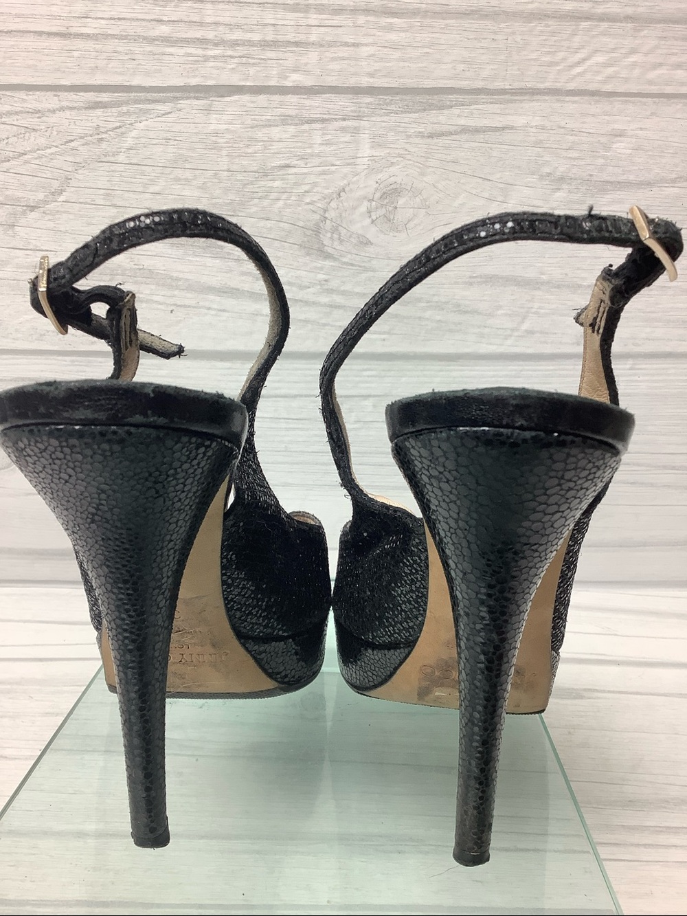 Jimmy Choo Black Glitter Peep-Toe Slingback Heels - Picture 3 of 10